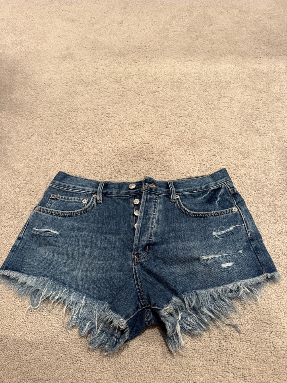 We The Free Distressed Dark Blue Denim Frayed Hem Shorts